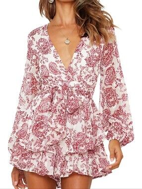 Floral Red and White Romper Dress | Size S
